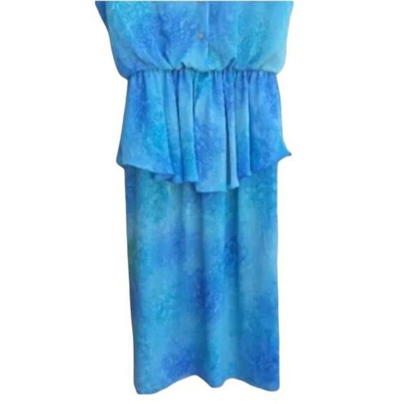 Vtg 80's Modest Watercolor Draped Scoop Neck Batwing Peplum Midi Dress Sz L - Picture 5 of 10